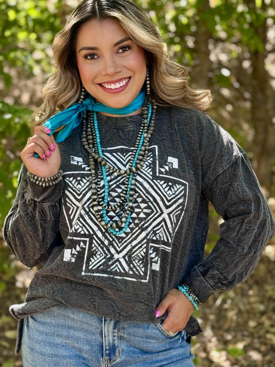 Aztec Cross on Mineral Wash Long Sleeve Top – Texas True Threads