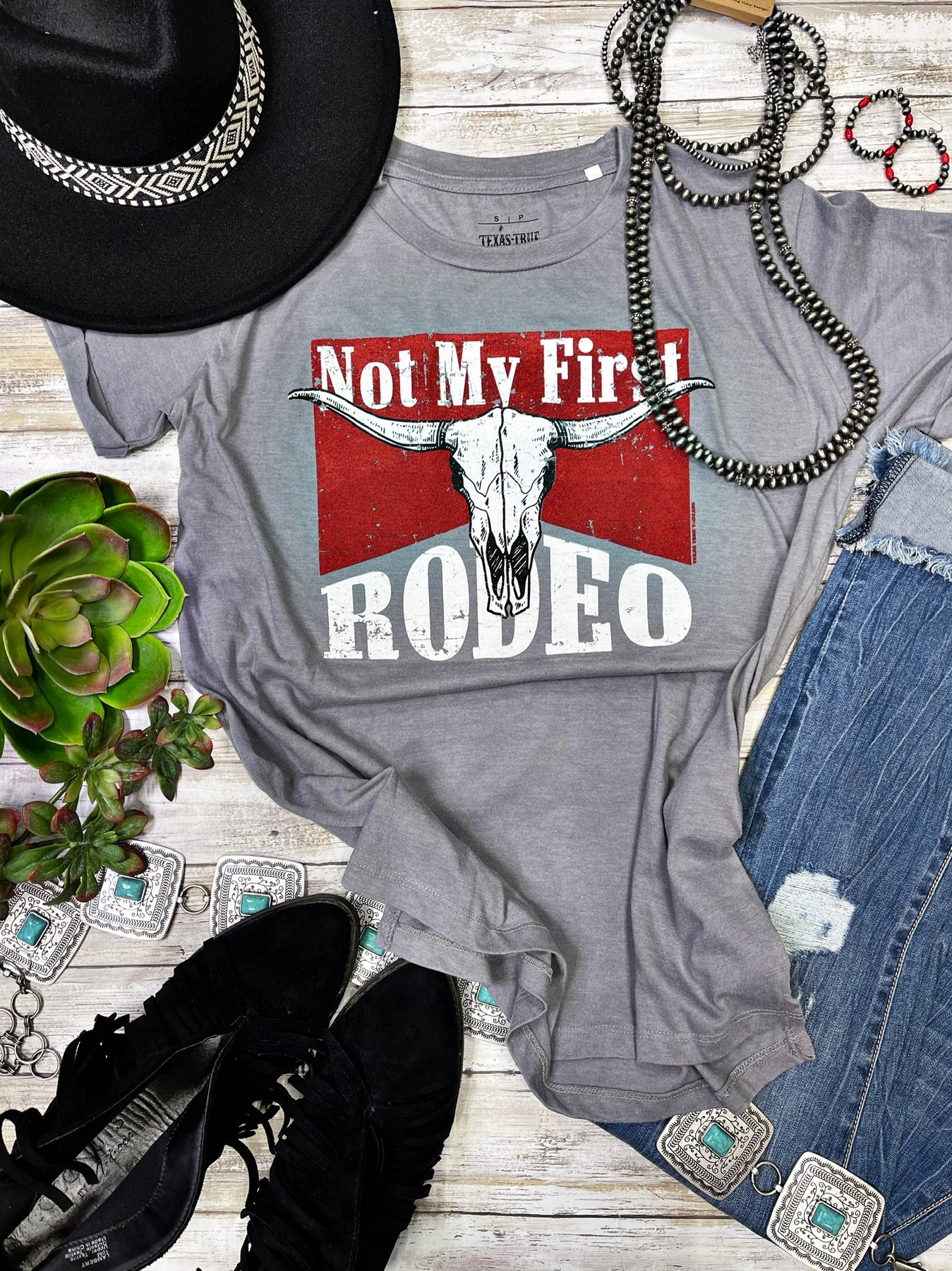 Rank Rodeo Threads Not My First Rodeo Grey Tee – Texas True Threads